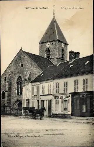 Ak Beton Bazoches Seine et Marne, L'Eglise, La Place