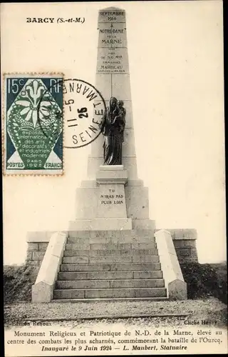 Ak Barcy Seine et Marne, Monument Religieux et Patriotique de Notre Dame de la Marne