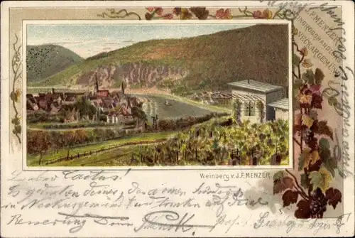 Passepartout Litho Neckargemünd am Neckar, Weingroßhandlung, Weinberg, Blick auf den Ort