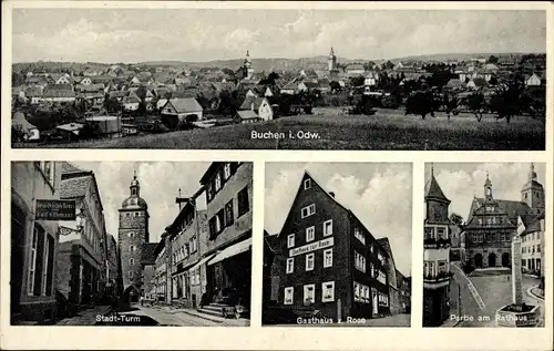 Ak Buchen im Odenwald Baden, Gesamtansicht, Rathaus, Gasthaus zur Rose, Stadtturm