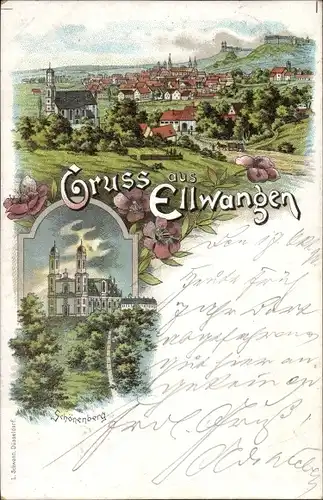 Litho Ellwangen an der Jagst, Blick auf den Ort, Schönenberg