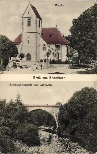 Ak Brombach Lörrach in Baden Württemberg, Kirche, Eisenbahnbrücke und Albpartie