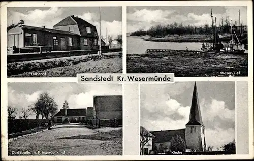 Ak Sandstedt Hagen im Bremischen, Bahnhof, Weser Tief, Kirche, Kriegerdenkmal, Dorfstraße