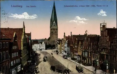 Ak Lüneburg in Niedersachsen, Am Sande, Johanniskirche, erbaut 1360 bis 1380
