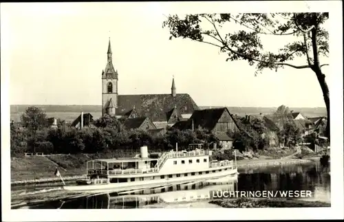 Foto Ak Lüchtringen Höxter an der Weser, Teilansicht, Kirche, Dampferpartie