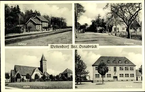 Ak Wellendorf Hilter am Teutoburger Wald, Kreuzung, Bahnhof Gleisseite, Kirche, Schule