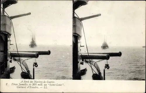 Stereo Ak Französisches Kriegsschiff, Saint Louis, Cuirasse d'Escadre, Pieces jumelles