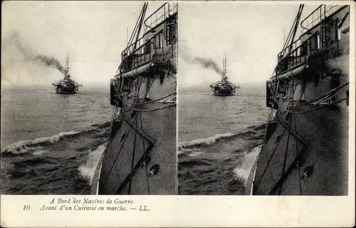Stereo Ak Französisches Kriegsschiff, A Bord des Navires de Guerre, Avant d'un Cuirassé en marche