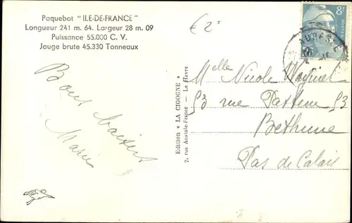 Ak Paquebot Ile de France, Dampfschiff auf See, CGT, French Line