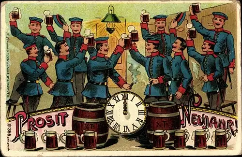 Präge Ak Glückwunsch Neujahr, Soldaten mit Bierkrügen, Uhr