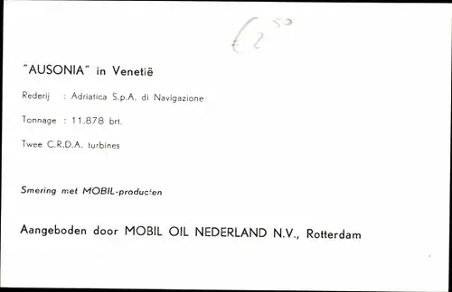 Ak Venezia Venedig Veneto, Dampfer Ausonia, Adriatica Societa di Navigazione Venezia, Mobil Oil