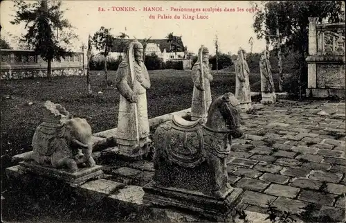 Ak Hanoi Tonkin Vietnam, Personnages sculptes dans les cours du Palais du King Luoc