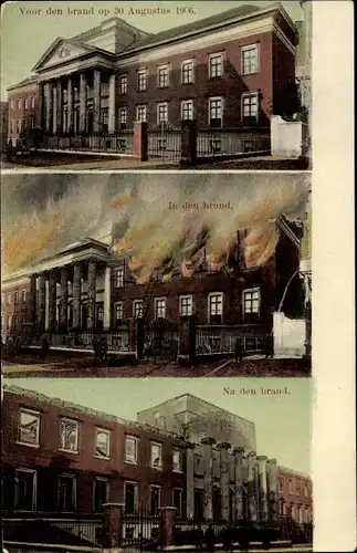 Ak Groningen Niederlande, Gebäude, Voor den brand 1906, In den brand, Na den brand