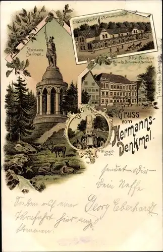 Litho Detmold in Nordrhein Westfalen, Hermannsdenkmal, Hotel Frankfurt, Reineckes Gasthof