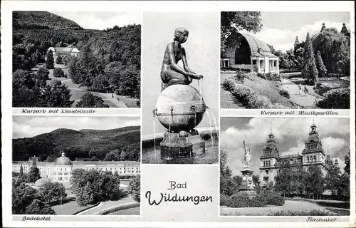 Ak Bad Wildungen in Nordhessen, Kurpark mit Musikpavillon, Fürstenhof, Badehotel, Wandelhalle