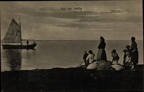 Ak Hallig Hooge in Nordfriesland, Uferpartie, Segelboot