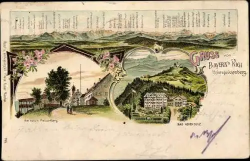 Litho Hohen Peißenberg Oberbayern, Straßenpartie, Bad Hohen Sulz, Gipfelpanorama