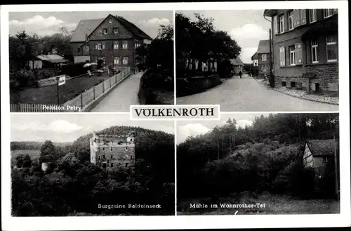 Ak Völkenroth Bell Hunsrück, Pension Petry, Burgruine Balduinseck, Mühle im Wohnrother Tal