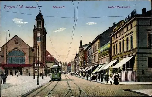 Ak Hagen in Westfalen, Bahnhof, Kölnerstraße, Hotel Russmann, Straßenbahn Linie 3