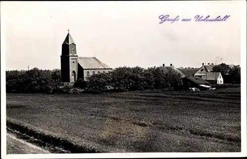 Foto Ak Uelvesbüll Nordfriesland, Blick auf den Ort, Kirche