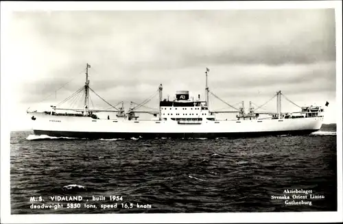 Ak Frachtschiff MS Vidaland, Svenska Orient Linien Gothenburg