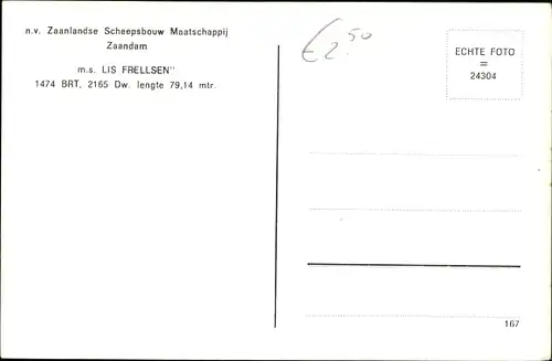 Ak Frachtschiff MS Lis Frellsen, NV Zaanlandse Scheepsbouw Maatschappij