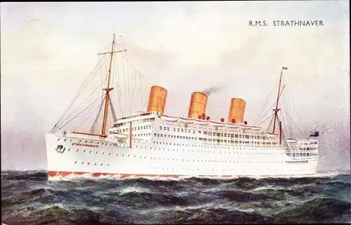 Ak Steamer Strathnaver, P&O, First painted with white yellow funnels, Dampfer