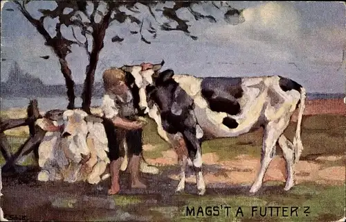 Künstler Ak Schütt, Mags't a Futter, Junge füttert Rind