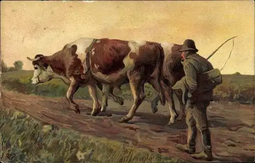 Präge Ak Bauer mit Rindern auf einem Feldweg