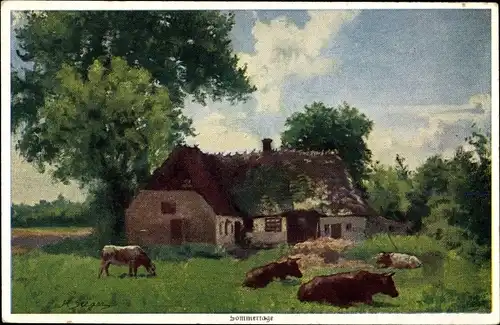 Künstler Ak Seeger, Sommertage, Rinder vor einem Bauernhaus