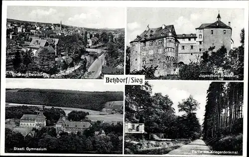 Ak Betzdorf Sieg, Stadtansicht, Jugendburg Freusburg, Kriegerdenkmal, Gymnasium