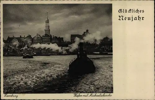 Ak Hamburg Mitte Altstadt, Hafen mit Michaeliskirche, Winter