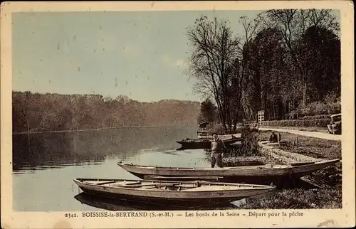 Ak Boissise la Bertrand Seine et Marne, Les bords de la Seine, Depart pour la peche