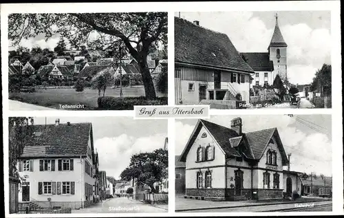 Ak Ittersbach Karlsbad in Baden, Kirche, Bahnhof Gleisseite, Straßenpartie, Teilansicht