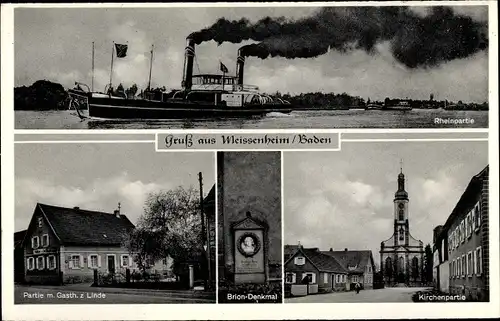 Ak Meißenheim am Rhein, Rheinpartie, Salondampfer, Gasthaus z. Linde, Kirche, Brion Denkmal