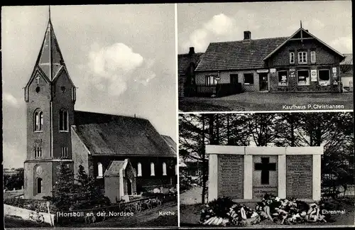 Ak Horsbüll in Nordfriesland, Kirche, Kaufhaus, Ehrenmal