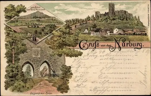 Litho Nürburg in der Eifel, Eingang zur Ruine, Hohe Acht