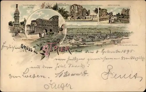 Vorläufer Litho Trier an der Mosel, Amphitheater, Porta Nigra, Blick auf den Ort, 1895