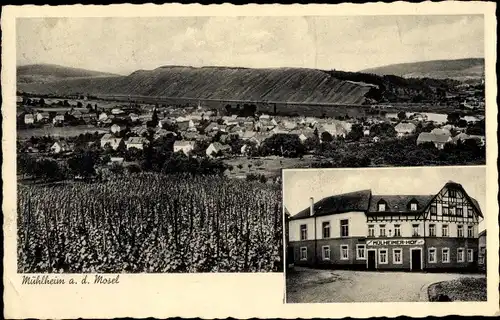 Ak Mülheim an der Mosel, Gasthaus Mühlheimer Hof, Blick auf den Ort