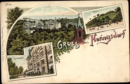 Litho Ostseebad Heringsdorf auf Usedom, Kulm, Seeschloss, Blick auf den Ort