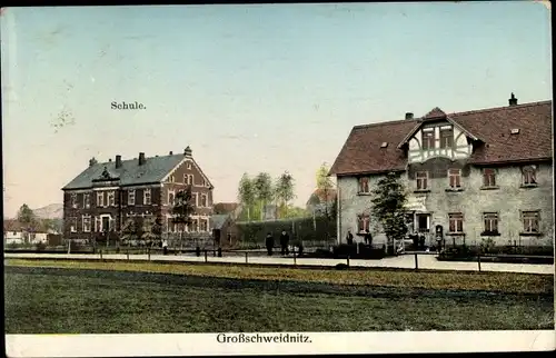 Golden Windows Leuchtfenster Ak Großschweidnitz in Sachsen, Schule mit Nebenhaus