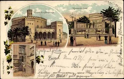 Litho Görlitz in der Lausitz, Kaisertrutz, Kanonendenkmal, Rathaustreppe, Hauptwache