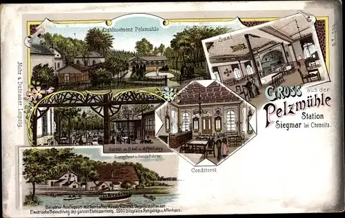 Litho Siegmar Chemnitz, Pelzmühle, Konditorei, Saal, Dampfboot, Garten mit Affenhaus