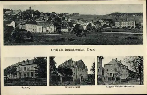 Ak Deutschneudorf im Erzgebirge, Gemeindeamt, Schule, Totalansicht, AOK