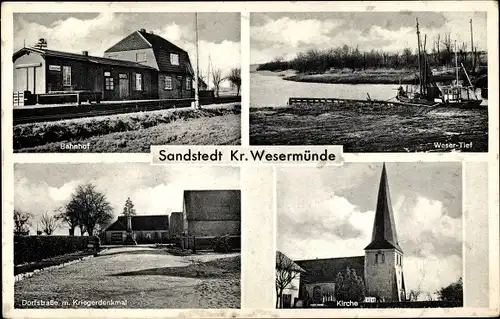 Ak Sandstedt Hagen im Bremischen, Bahnhof, Gleisseite, Weser Tief, Kriegerdenkmal, Kirche