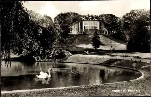 Ak Hagen in Westfalen, Parkhaus, Teich, Schwan