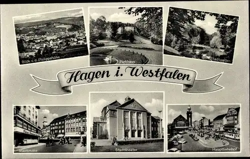 Ak Hagen in Westfalen, Parkhaus, Stadtgarten, Stadtmitte, Stadttheater, Hauptbahnhof, Panorama