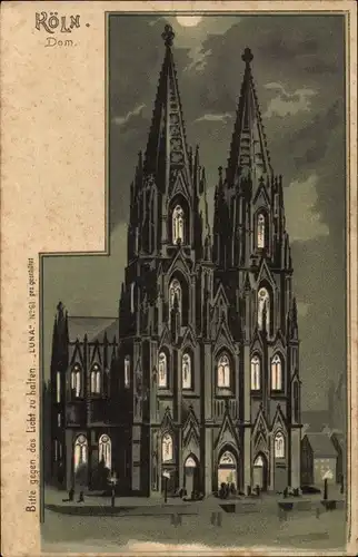 Halt gegen das Licht Mondschein Litho Köln am Rhein, Blick auf den Dom