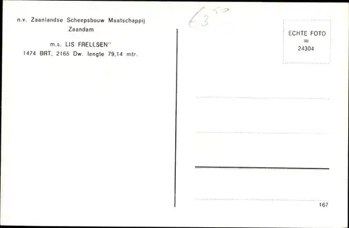 Ak Frachtschiff MS Lis Frellsen, NV Zaanlandse Scheepsbouw Maatschappij