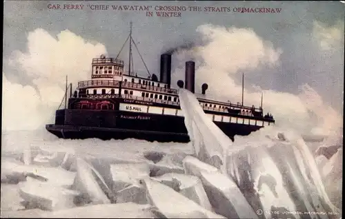 Ak Michigan USA, Car Ferry Chief Wawatam crossing the Straits of Machinaw in Winter, Fährschiff